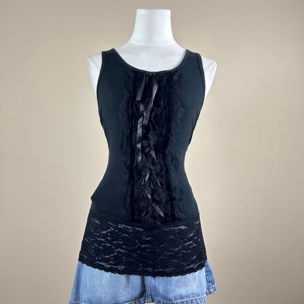 Fluerish Dark Coquette Ruffle Tanktop with Lace and Ribbon Details